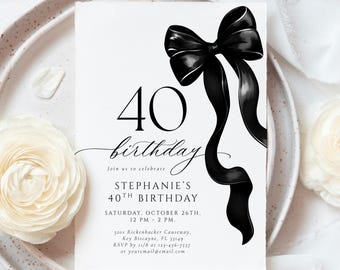 Elegant Black Bow 40th Birthday Invitation: Minimalist Canva Template (Digital Download)