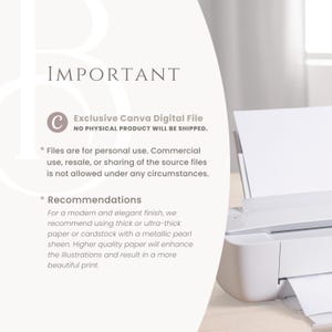 May include: A white printer with paper output is shown next to text that reads "IMPORTANT" and "Exclusive Canva Digital File". The text also states that no physical product will be shipped and provides recommendations for printing.