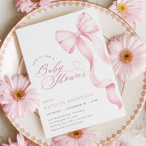 Pink Bow Baby Shower Invitation Template | Elegant Coquette Ribbon Canva Invite image 1