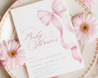 Pink Bow Baby Shower Invitation Template | Elegant Coquette Ribbon Canva Invite
