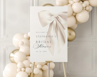 White Bow Bridal Shower Welcome Sign Template Elegant Bridal Party Canva SignTemplate Cream Bow Bridal Welcome Sign Instant Download Bride