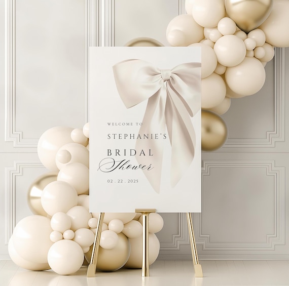 White Bow Bridal Shower Welcome Sign Template Elegant Bridal Party Canva SignTemplate Cream Bow Bridal Welcome Sign Instant Download Bride