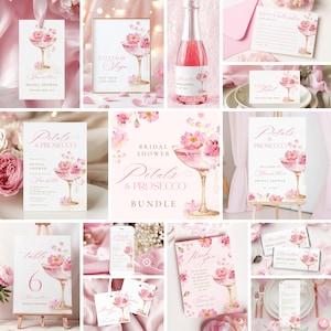 Petals and Prosecco Bridal Shower Bundle Blush Floral Bridal Brunch Printable Set Spring Bridal Shower Template Canva Bride Cards & Games