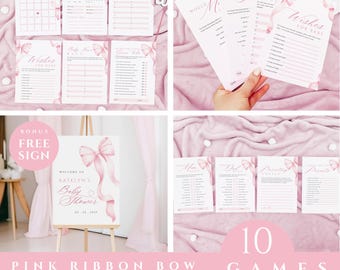 Pink Bow Baby Shower Spiele Pink Ribbon Girl Baby Shower Canva Willkommensschild Rosa kokett Baby Shower Aktivität Lustige Spiele Sofort Download