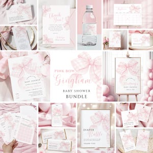May include: A collection of pink baby shower stationery items, including invitations, thank you cards, and a diaper raffle sign. The designs feature a pink gingham bow and the text "Pink Bow Gingham Baby Shower Bundle."