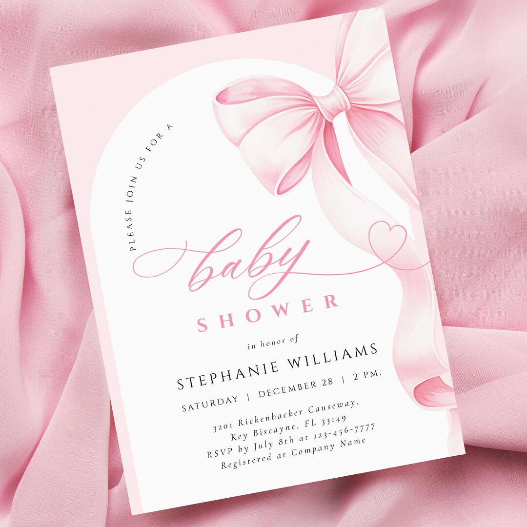 Pink Bow Invitation Template Digital Baby Editable Canva Minimalist ...
