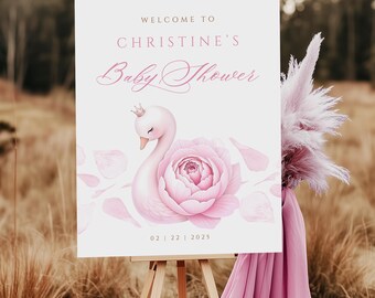Pink Floral Swan Baby Shower Welcome Sign (Digital Download)
