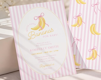 May include: A baby shower invitation card featuring a pink and white vertical striped background. The center oval contains yellow bananas tied with a pink bow, the text We've Gone Bananas For Baby, Kimberly Smith, May 20, 3 PM, and location details.