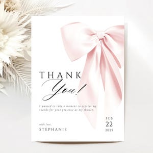 Cartão de agradecimento para chá de bebê com laço rosa blush, modelo para impressão no Canva, modelo editável para chá de bebê com laço aquarela, download digital