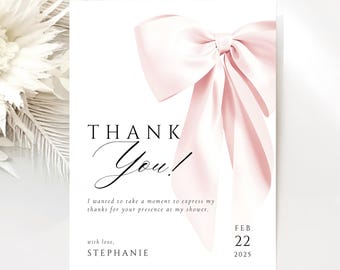 Plantilla imprimible de Canva para tarjeta de agradecimiento para baby shower con lazo rosa ruborizado Plantilla editable para despedida de soltera con lazo de acuarela Descarga digital