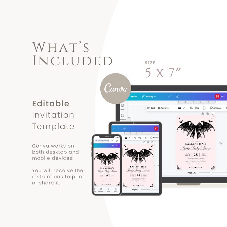 May include: An editable invitation template displayed on a smartphone, tablet, and computer screen. The invitation design features a bat-wing graphic and the text "Samantha's Pretty Baby Shower" with a size of 5 x 7 inches. The Canva logo is also visible.