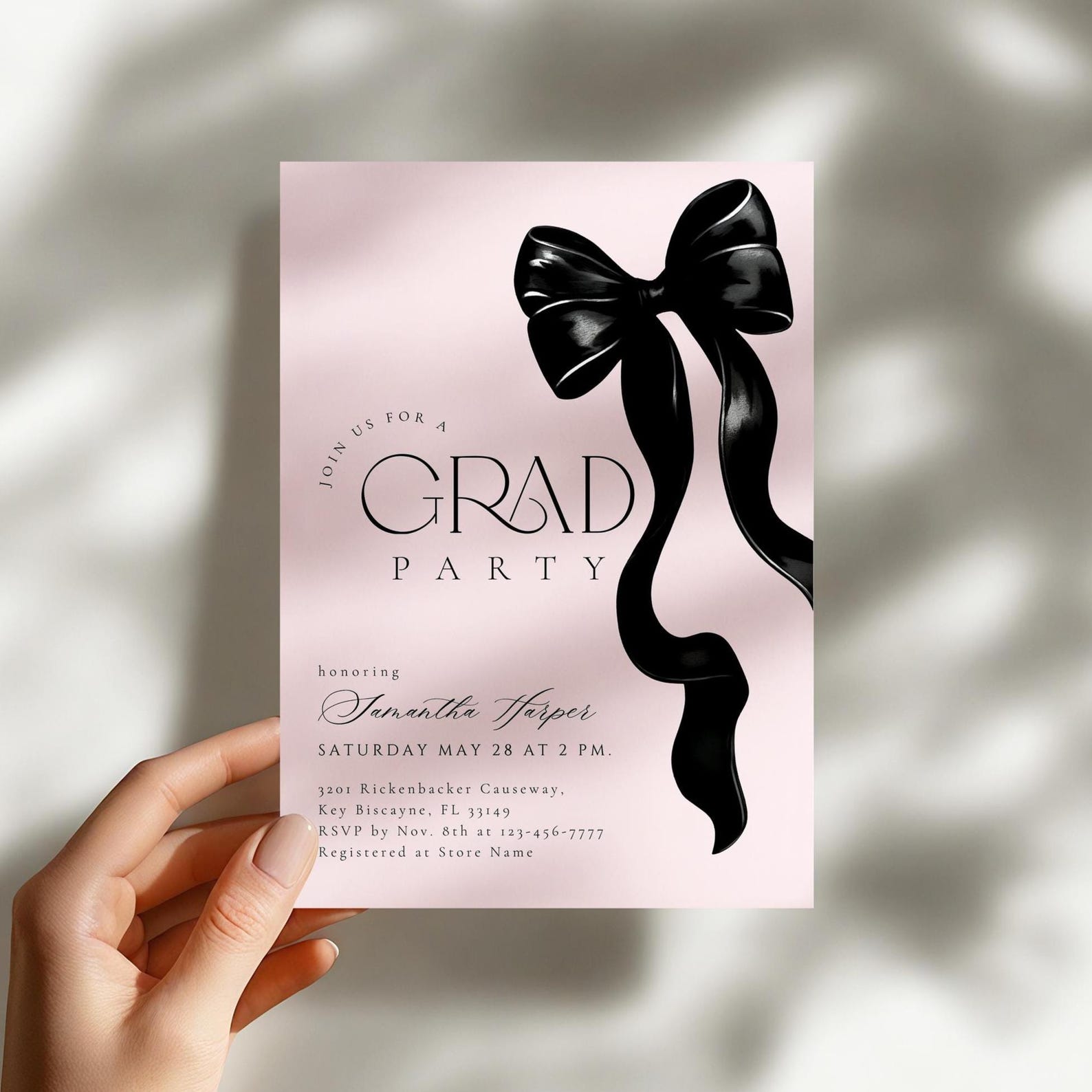 Pink Grad Invite Template Graduation Party Invitation Black Bow Digital Graduation Announcement ...