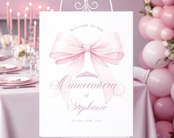 Placa de boas-vindas para festa de debutante: decoração de festa de princesa com tiara e laço rosa (modelo digital)