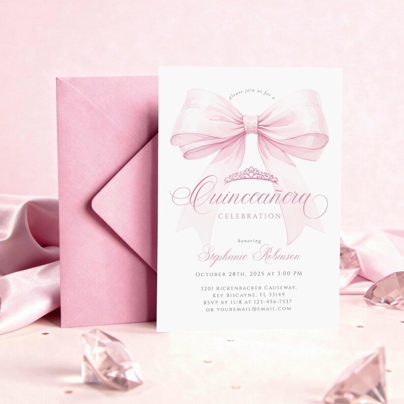 Pode incluir: Convite rosa para Quincea&ntilde;era com um design de la&ccedil;o e tiara em aquarela. O convite inclui o texto "Quincea&ntilde;era Celebration" e os detalhes do evento. H&aacute; um envelope rosa correspondente.