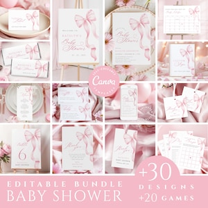 Conjunto de convites para chá de bebê com laço rosa, conjunto de placas para chá de bebê com laço rosa, jogos digitais