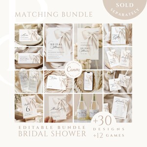 A grid of various editable bridal shower stationery items featuring matching cream bow designs, including invitations, menus, signs, place cards, and favor tags.