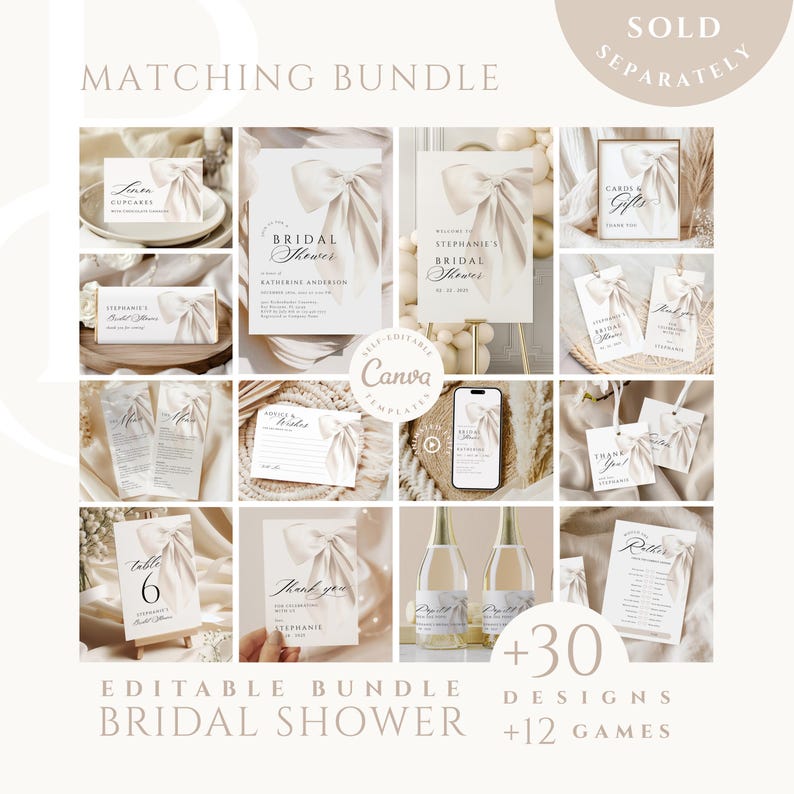 A grid of various editable bridal shower stationery items featuring matching cream bow designs, including invitations, menus, signs, place cards, and favor tags.