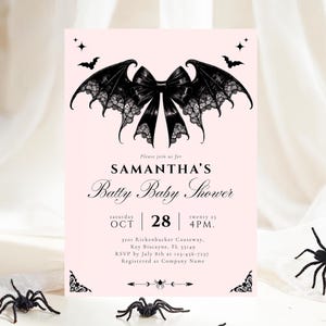 May include: A pink baby shower invitation with a black bat wing and bow design. The invitation reads "SAMANTHA'S Batty Baby Shower" with the date and time. Decorative bats and spiders are also included.