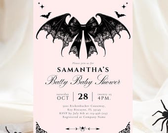 Gotische sjabloon babyshower uitnodiging digitale download Halloween babyshowerfeest donkere elegante uitnodiging roze zwarte strik vleermuis kant sjabloon
