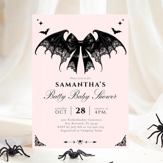 Gothic Baby Shower Invitation Template Digital Download Halloween Baby Shower Party Dark Elegant Invite Pink Black Bow Bat Lace Template