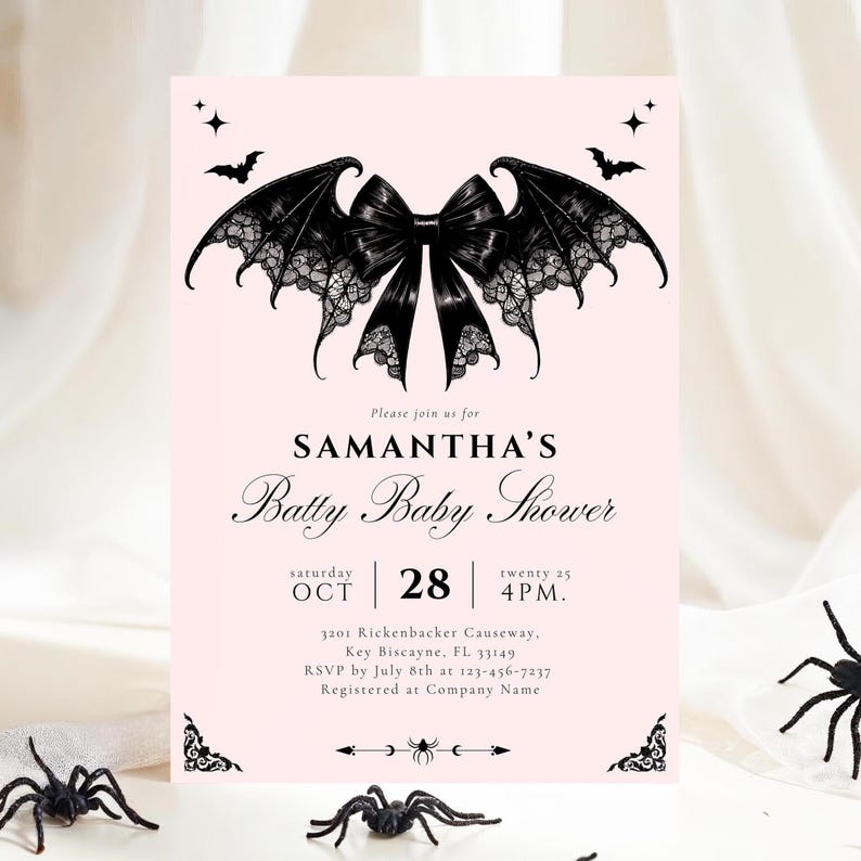 May include: A pink baby shower invitation with a black bat wing and bow design. The invitation reads "SAMANTHA'S Batty Baby Shower" with the date and time. Decorative bats and spiders are also included.