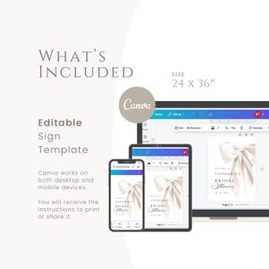 A promotional graphic titled What's Included showing a 24x36 size indicator, Canva logo, and overlapping views of the editable sign template on a smartphone, tablet, and computer screen.