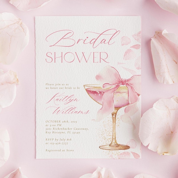 Coquette Petals and Prosecco Bridal Shower Invitation Pink Bow Bridal Brunch Invite Editable Champagne Bridal Shower Template Floral Invite