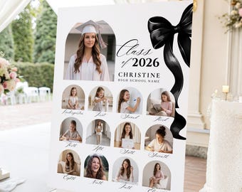 May include: A graduation photo display featuring a graduate in a cap and gown, with a large black bow. The sign includes the text "Class of 2026" and a name, along with photos from kindergarten through eleventh grade.