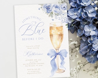 Faire-part de douche nuptiale quelque chose de bleu, champagne floral (modèle modifiable)