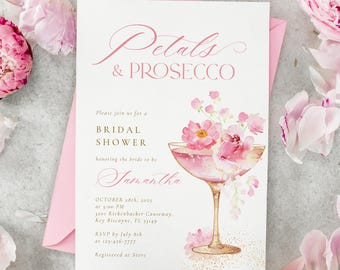 Invitación para despedida de soltera con pétalos y prosecco. Invitación para brunch nupcial con flores ruborizadas. Plantilla imprimible para despedida de soltera de primavera. Invitación de novia Canva.