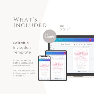 Pode incluir: Um modelo de convite edit&aacute;vel exibido em um smartphone, tablet e tela de computador. O convite apresenta um design de la&ccedil;o rosa e o texto "Anniversary Celebration". O tamanho &eacute; 12,7 x 17,8 cm. O logotipo da Canva tamb&eacute;m &eacute; vis&iacute;vel.