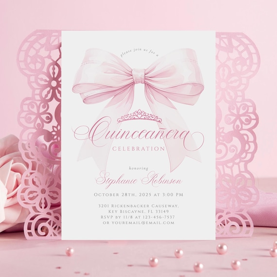 Elegant Pink Quinceañera Invitation Template Editable Pink Bow 15th Birthday Invite Printable Coquette Sweet 15 Quince Party Card