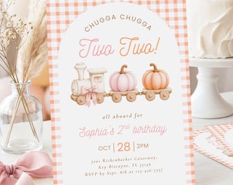 May include: A rectangular birthday invitation card with an orange gingham border. The center features an arched design with a train carrying two pumpkins, text reading Chugga Chugga Two Two!, Sophia's 2nd birthday, Oct 28, 2pm, and address details.