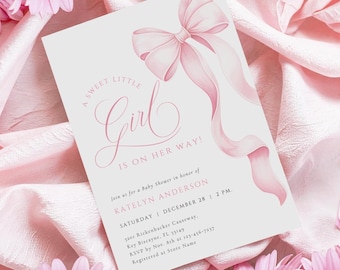 May include: A baby shower invitation with a pink bow and ribbon design. The text reads "A Sweet Little Girl Is On Her Way!" and includes event details. The invitation is on a pink background with pink flowers.