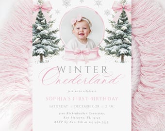 Invitación de primer cumpleaños de niña en Winter Onederland: Plantilla de foto de copo de nieve rosa (editable)