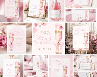 May include: A collection of pink and gold bridal shower stationery, including invitations, thank you tags, and table cards. The designs feature a champagne glass with floral and glitter accents, tied with a pink ribbon. The theme is "Petals & Prosecco".
