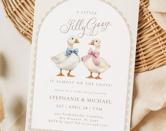 May include: A cream-colored invitation with the text "A Little Silly Goose" and two watercolor geese, one with a blue bow tie and the other with a pink bow. The invitation is for a gender reveal honoring Stephanie & Michael.