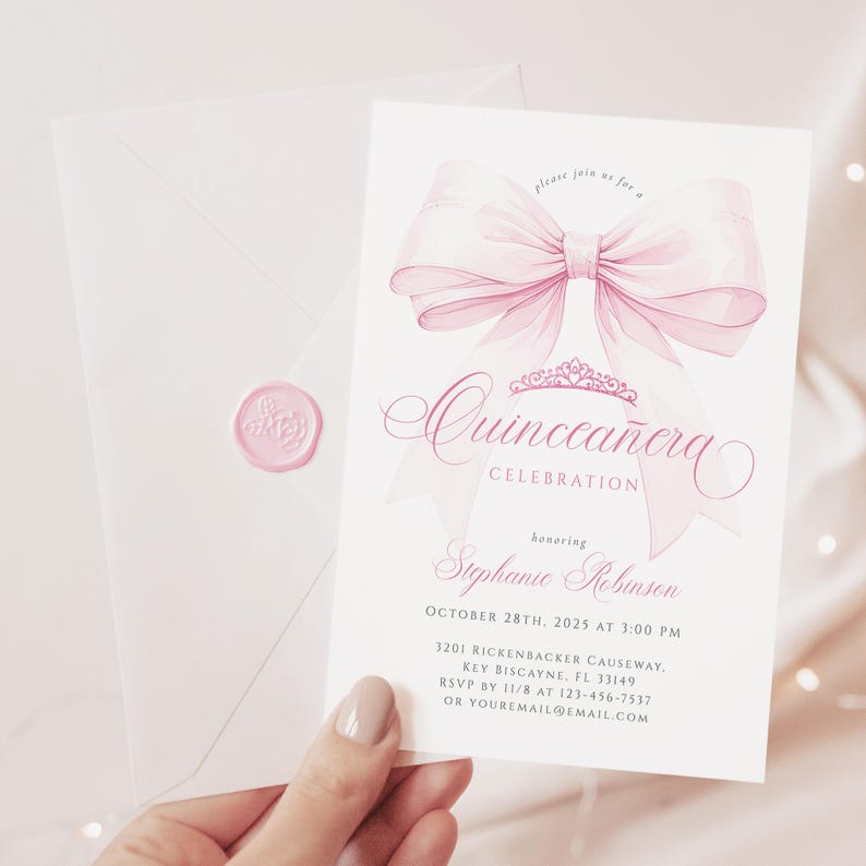 Pode incluir: Um cart&atilde;o de convite para Quincea&ntilde;era com um la&ccedil;o rosa e design de tiara. O cart&atilde;o inclui o texto "Quincea&ntilde;era Celebration" e detalhes do evento. Um envelope com um selo de cera rosa tamb&eacute;m &eacute; vis&iacute;vel.