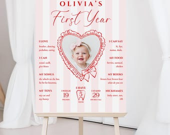 May include: A personalized first birthday sign on an easel. The sign features a photo of a baby girl in a heart-shaped frame. Text includes the baby's name, "First Year," and details about the baby's likes, abilities, and measurements.