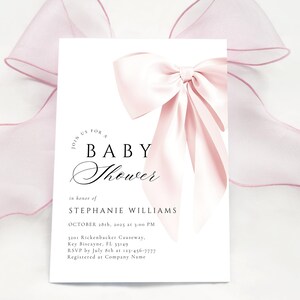 Girl Baby Shower Invitation Editable Template Pink Bow Design DIY Digital Download Canva 5x7 Minimalist Elegant Typography Printable Trendy Affordable