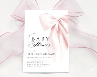 May include: A white baby shower invitation with a pink satin bow. The invitation reads "Join us for a Baby Shower in honor of Stephanie Williams, October 28th, 2025 at 3:00 PM, 3201 Rickenbacker Causeway, Key Biscayne, FL 33149, RSVP by July 8th at 123-456-7777, Registered at Company Name".