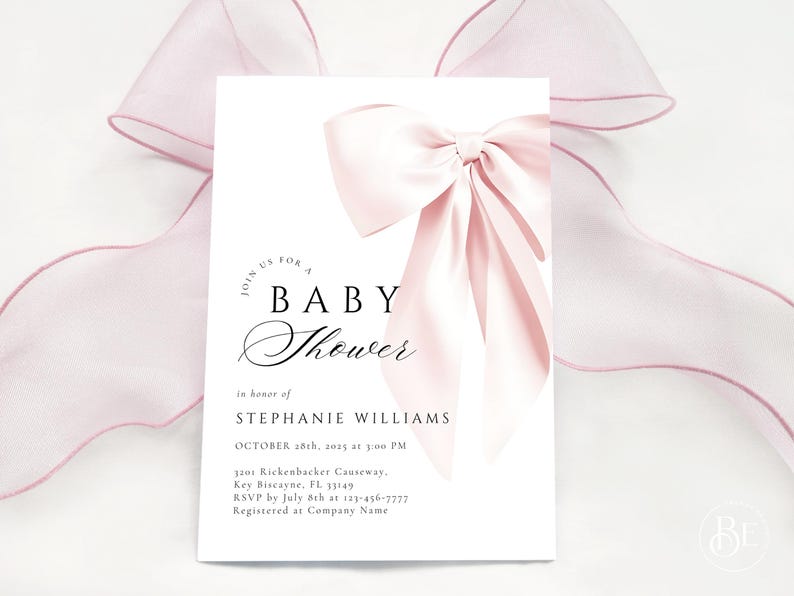 Girl Baby Shower Invitation Editable Template Pink Bow Design DIY Digital Download Canva 5x7 Minimalist Elegant Typography Printable Trendy Affordable