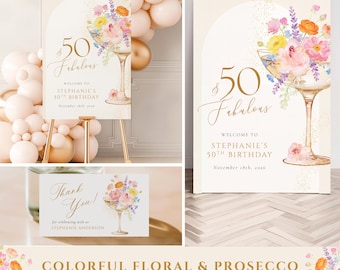 May include: A 50th birthday welcome sign and thank you card set featuring a watercolor illustration of a champagne glass filled with colorful flowers. The text reads 50 & Fabulous, Welcome to Stephanie's 50th Birthday, November 18th, 2026, and Thank You.