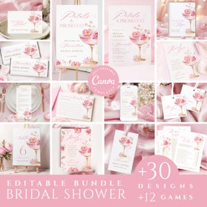 Ensemble à imprimer pour la douche nuptiale pétales et prosecco rose poudré à fleurs, modèle de douche nuptiale printanière à imprimer pour la mariée, cartes de mariage et jeux Canva