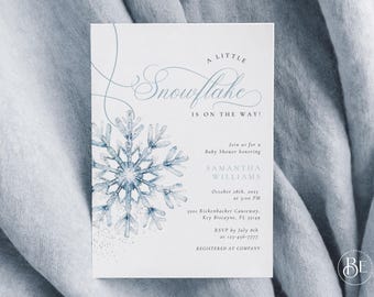 Blue Snowflake Baby Shower Invitation, Winter Theme (Canva Template)