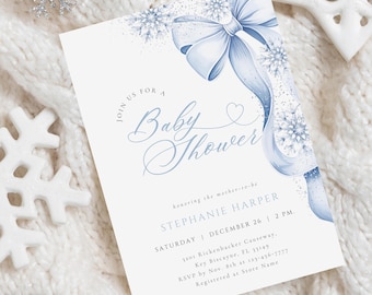 Blue Snowflake Winter Baby Shower Invitation (Editable Template)