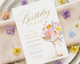 May include: A birthday party invitation with floral illustrations and gold script. The invitation includes the text "Please join us for a Birthday Party" and details for Samantha Robinson's 30th birthday on May 22nd.