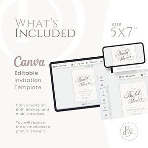 May include: Editable bridal shower invitation template in Canva. The template features a white background with a delicate pattern of silver dots and the text "Bridal Shower" in a cursive font. The size of the invitation is 5x7 inches.