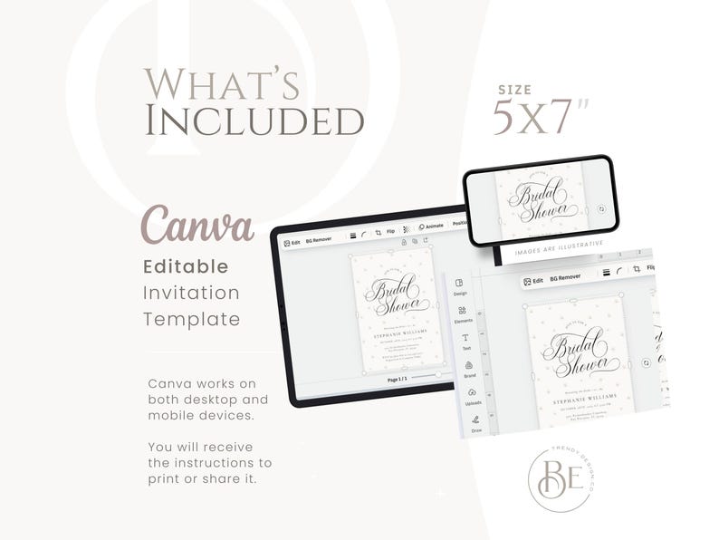 May include: Editable bridal shower invitation template in Canva. The template features a white background with a delicate pattern of silver dots and the text "Bridal Shower" in a cursive font. The size of the invitation is 5x7 inches.