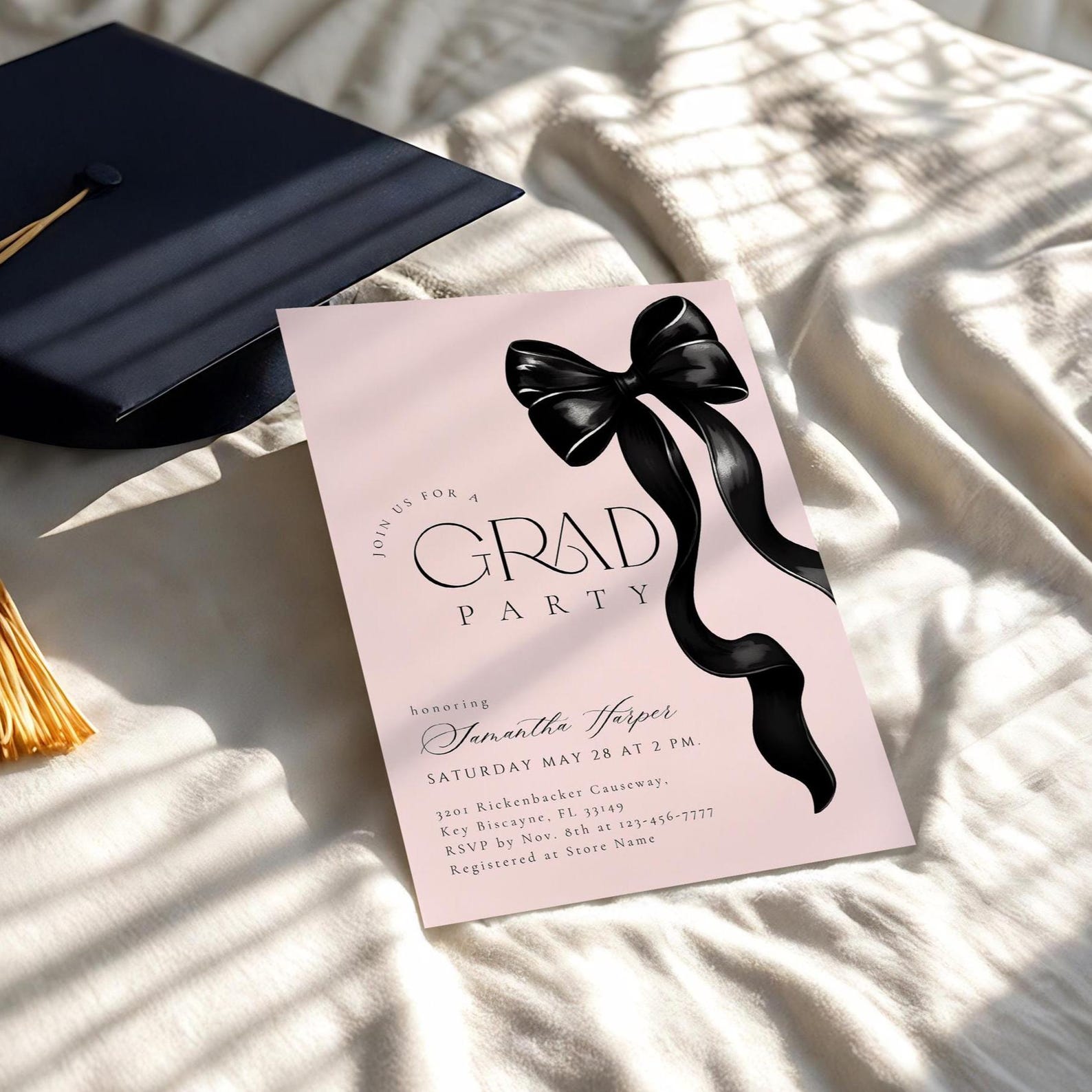 Pink Grad Invite Template Graduation Party Invitation Black Bow Digital Graduation Announcement ...
